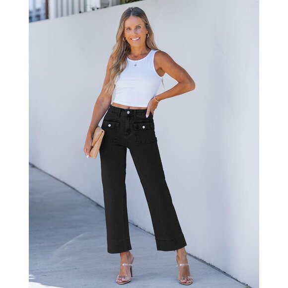 Wide Leg Jeans Women High Waisted Cropped Stretchy Denim Retro Patch Pockets - Picture 4 of 7